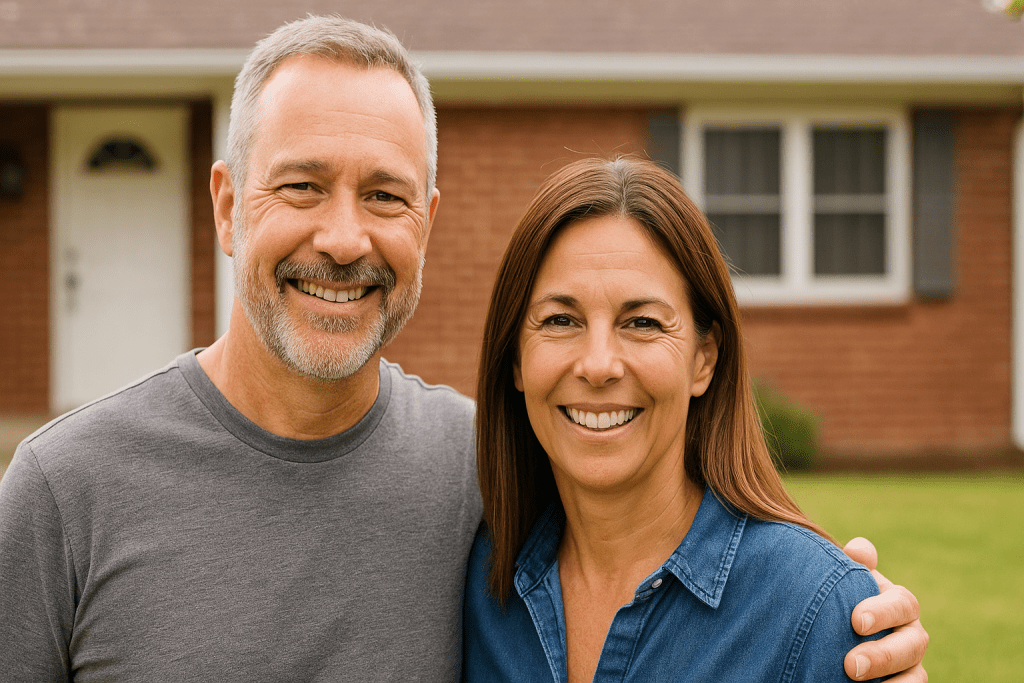 Smiling Wichita couple standing in front of their sold home after selling to Cooley Homebuyer.
